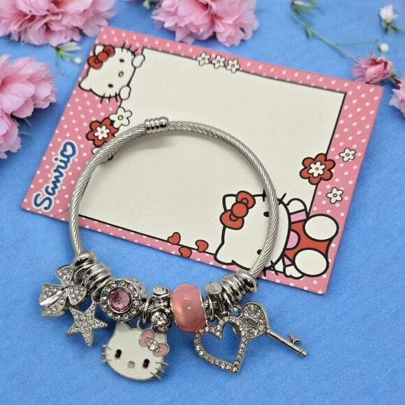 Hello Kitty Beaded Charm Bracelet Rhinestone Silver Heart Bow Cat Star Jewelry - Picture 12 of 12
